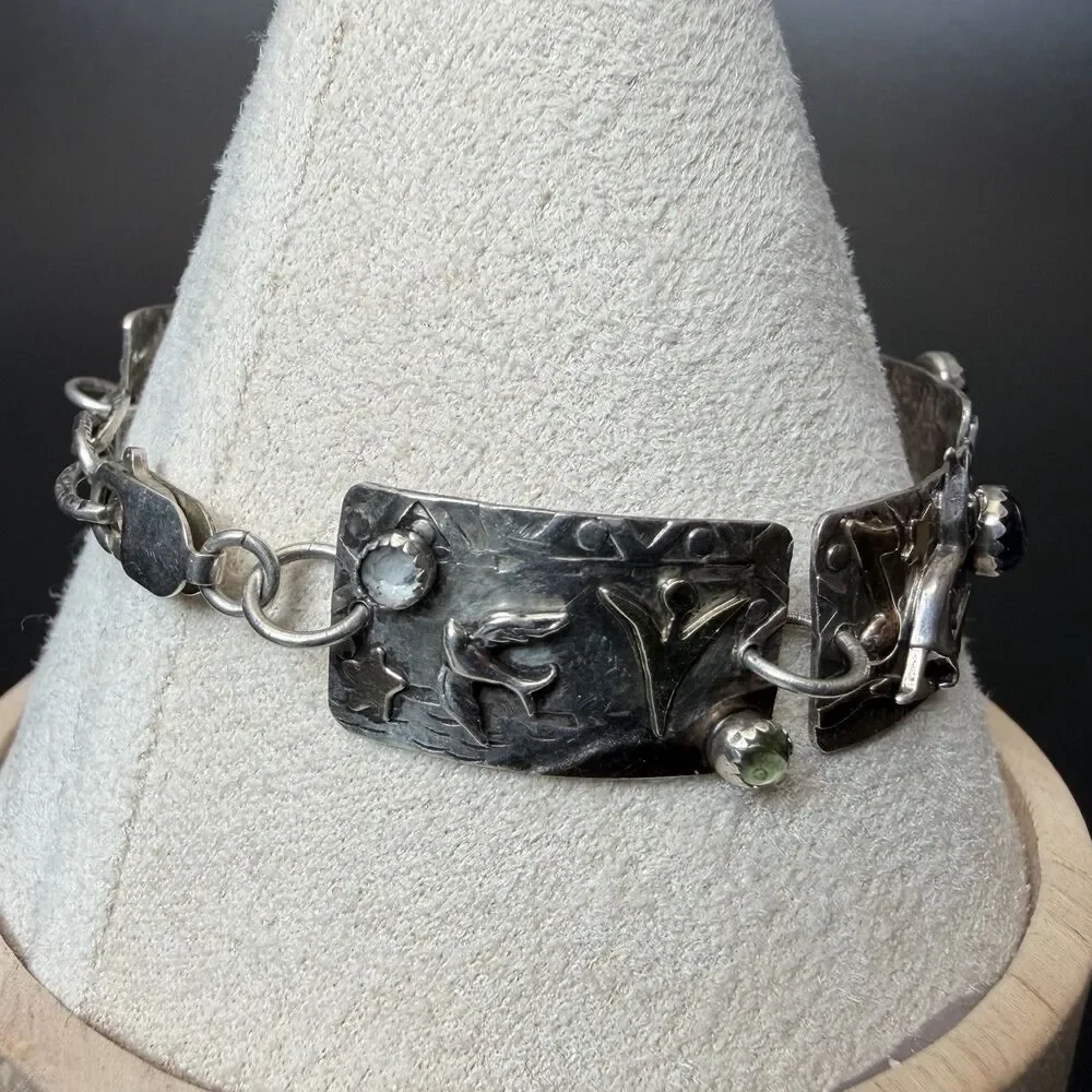 Vintage Handmade Artisan Panel Link Bracelet 925 Sterling Silver 14K Gold & Gems